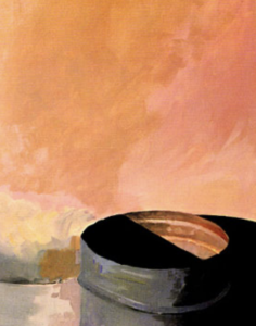 Joni Mitchell's painting of a rain barrel against Georgia O'Keefe's wall. 